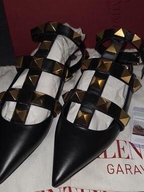 Valentino Black Leather Pointed Flats with Gold Pyramid Studs